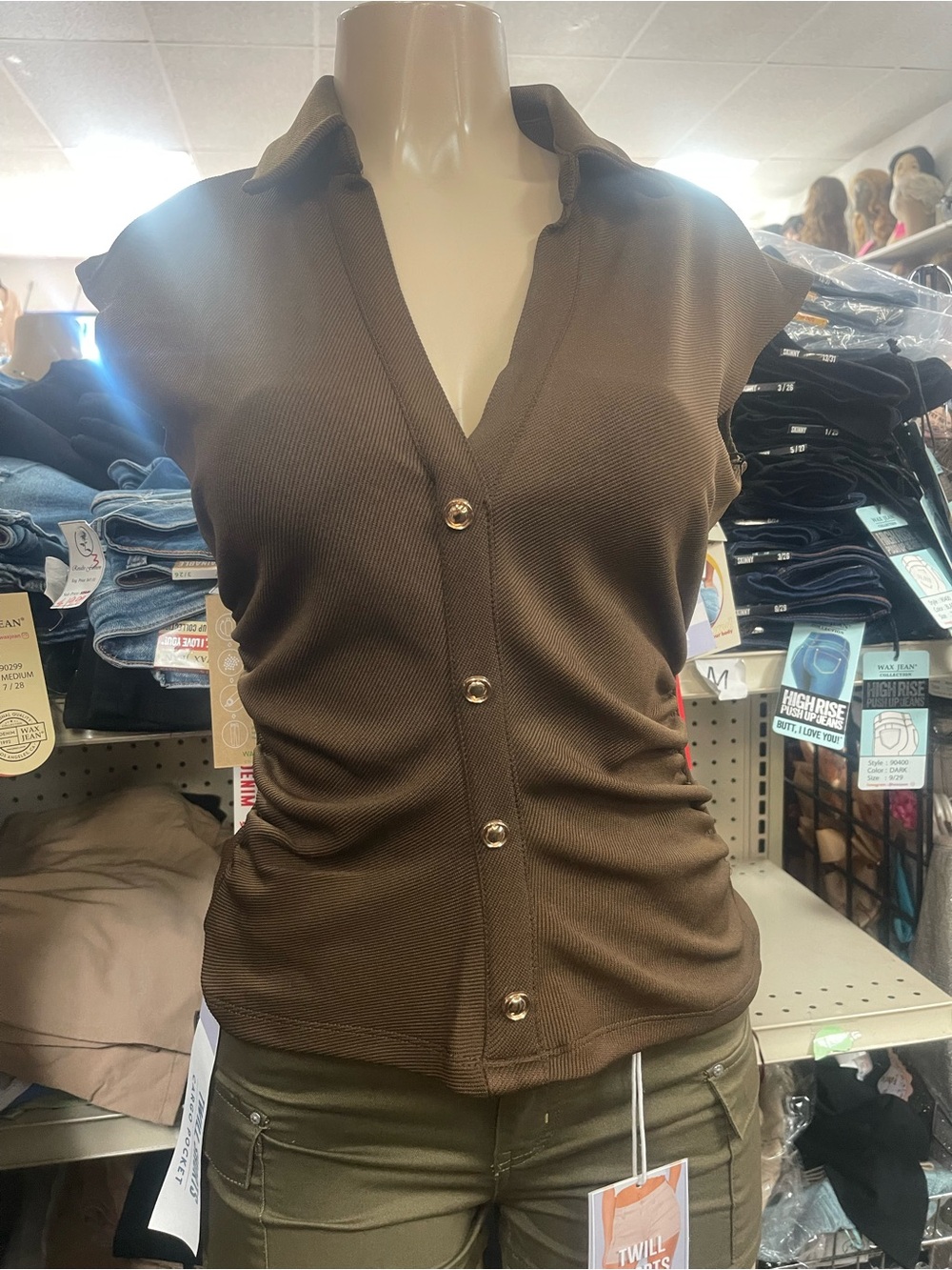 Brown Ribbed Button-Front Sleeveless Top